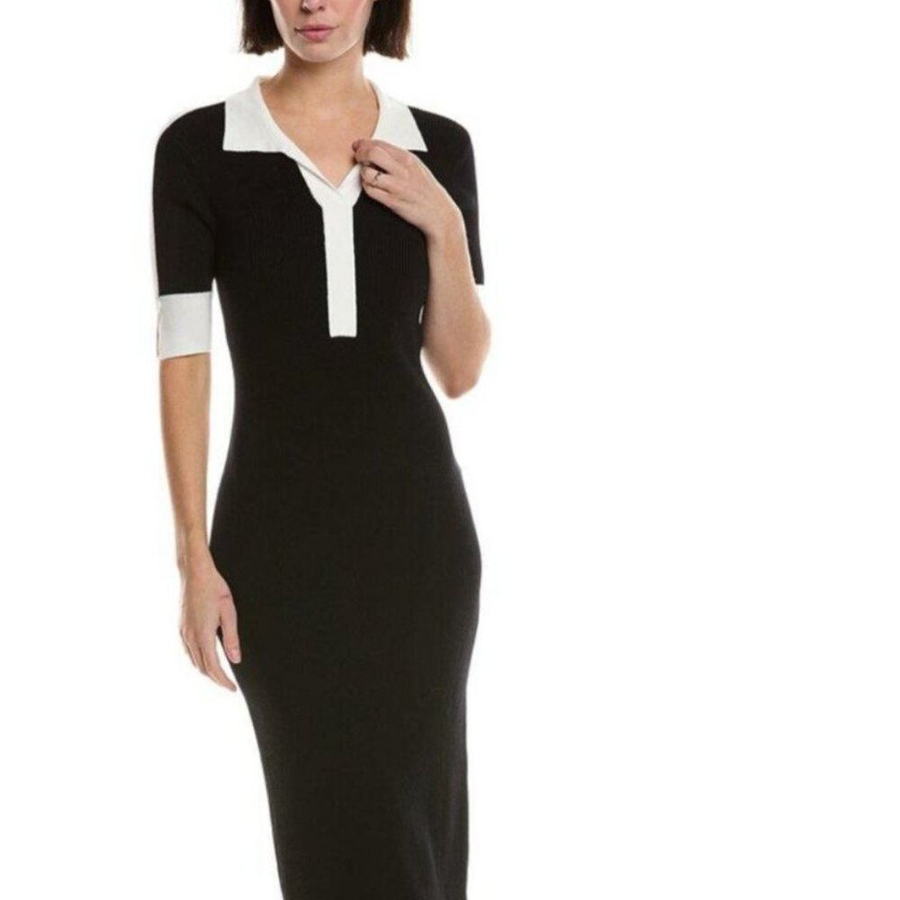 $118 T Tahari Elbow Sleeve Split V Neck Collar Rib Dress with Contrast Trim XL
